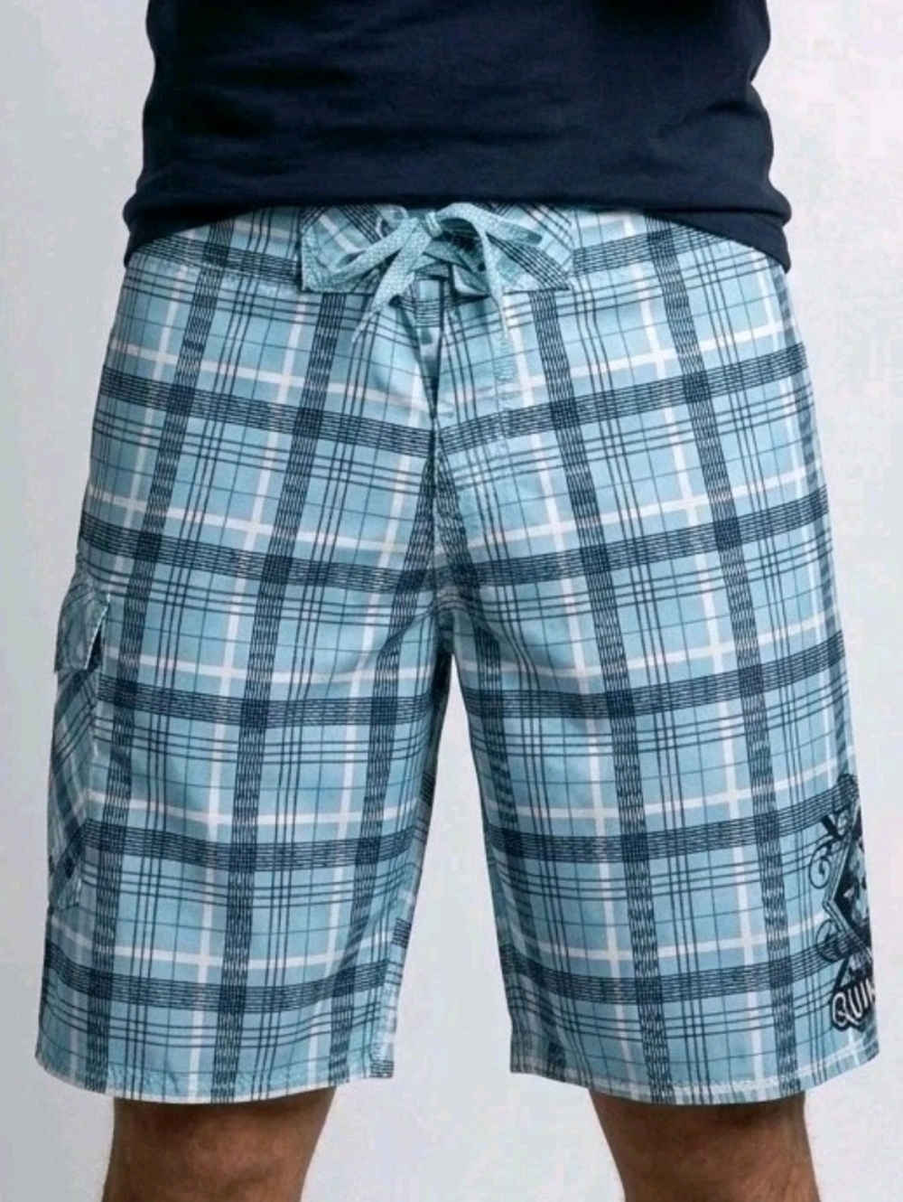 Quiksilver Swim Shorts 30 Blue Plaid Unlined Cargo Pocket Hybrid Board Trunks